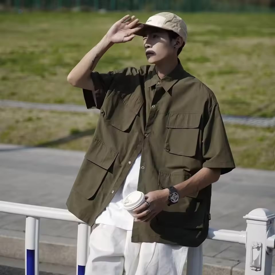 Loose Fit Five-Quarter Sleeve Men's Shirt Versatile Trendy Summer Youthful Popular Pure Color Korean Style Casual Fashion