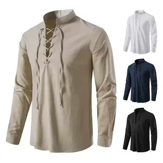 Medieval Men's Long Sleeve Cotton Linen Shirt Casual Stand Collar Shirt European And American Cross-Border Drawstring Shirt