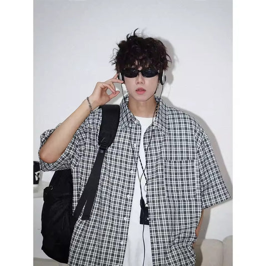 Summer New Plaid Short Sleeve Casual Shirt Unisex Loose Fit Sun Protection Fashionable Versatile Men's Women's Shirt