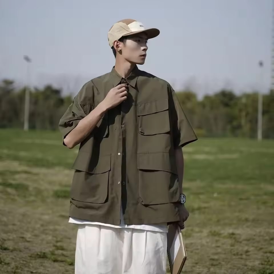 Loose Fit Five-Quarter Sleeve Men's Shirt Versatile Trendy Summer Youthful Popular Pure Color Korean Style Casual Fashion